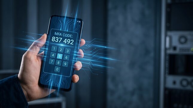 Hand holding a smartphone displaying a multi-factor authentication code for secure login verification.
