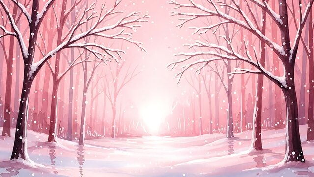 Winter sunrise over bare trees in snowy park.