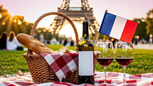 Close-Up Lifestyle Photography of a French Picnic on the Champ de Mars with Wine, Baguette, and French Flag at Sunset near Eiffel Tower