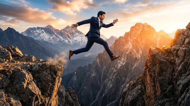 Indian Businessman Taking a Leap of Faith over Mountain Peak Gap