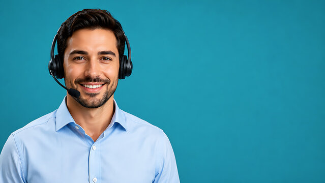 Friendly customer service representative wearing a headset and smiling against a vibrant teal background. Professional male call center operator or tech support agent with copy space for text.