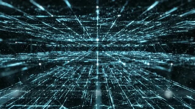 Futuristic blue digital data grid in dark cyberspace