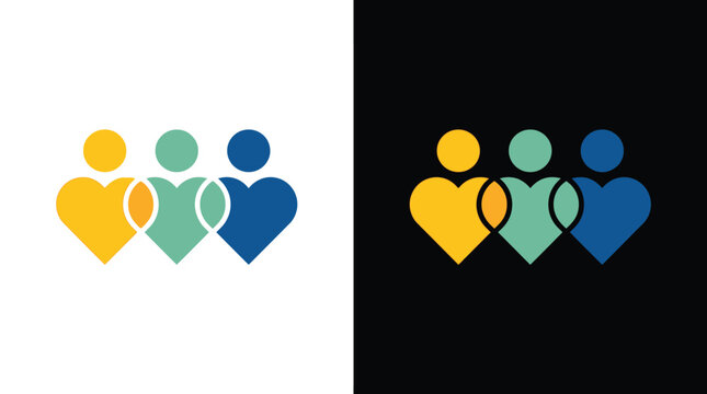 Minimalist vector illustration featuring three colorful interconnected heart shapes representing unity and diverse community teamwork concepts