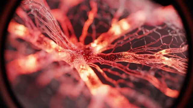 Abstract blue glowing neural network, close-up microscopic view, science and technology concept