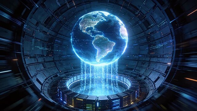 Glowing earth globe with cascading data streams and circular server structure