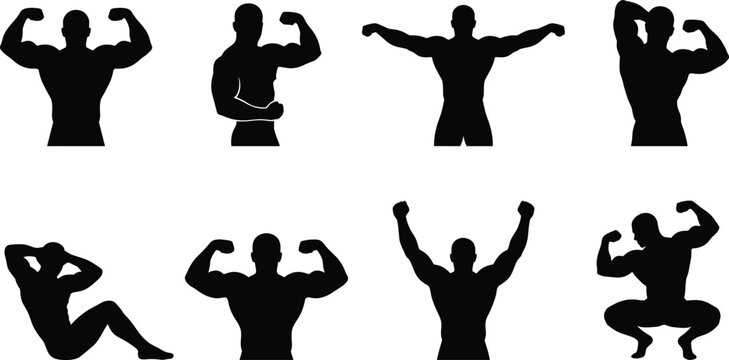 Muscular bodybuilder black silhouette vector set featuring fitness workout and muscle flexing poses