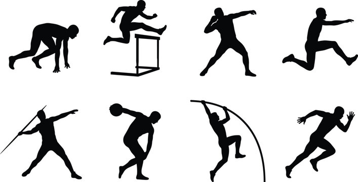 Track and field athlete black silhouette vector set featuring sprinting, jumping, and throwing sport events