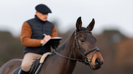 Fototapeta premium A veterinarian examines a horse in sharp focus, capturing ultra realistic textures and details. Warm natural light and a blurred stable background complete the storytelling scene.