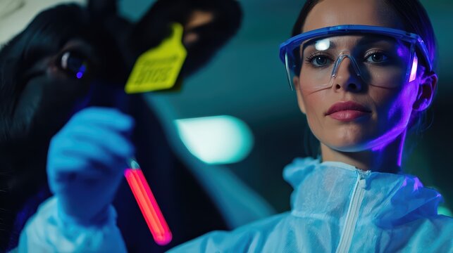A veterinarian in advanced protective gear examines a test tube sample beside a cow. Cool sci-tech tones enhance this ultra realistic animal health monitoring scene.