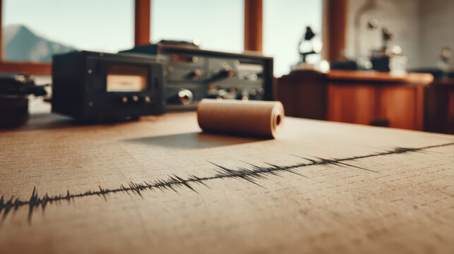 Ultra-detailed macro of a seismograph chart showing dramatic seismic spikes. Laboratory setting highlights geoscience equipment for seismic monitoring and earthquake analysis.