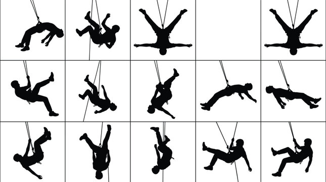 Silhouettes of extreme rock climbers and rappelling athletes in various dynamic action poses isolated on white background