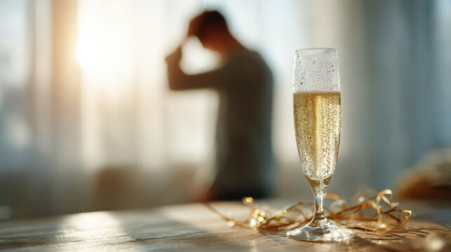 A glass of bubbly champagne stands on a sunlit table next to golden ribbon. In the background, a pensive person is silhouetted by soft morning light.