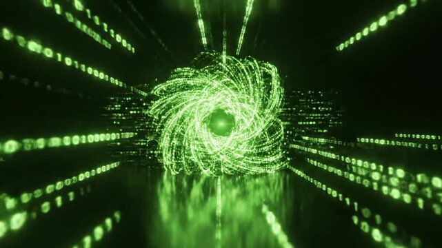 Green binary code stream flowing through digital network space.