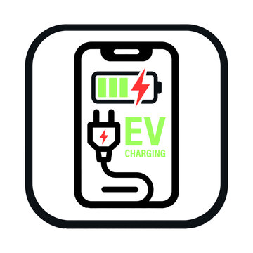 Flat illustration of electric vehicle charging app icon, ev charging station mobile application interface symbol, smartphone with battery charge indicator and power plug vector illustration