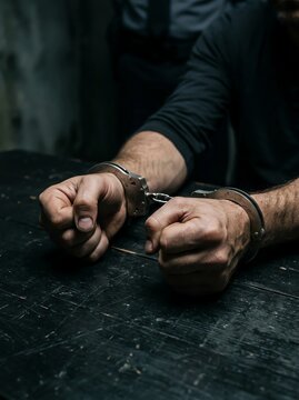 Closeup photo of both men's hands in handcuffs