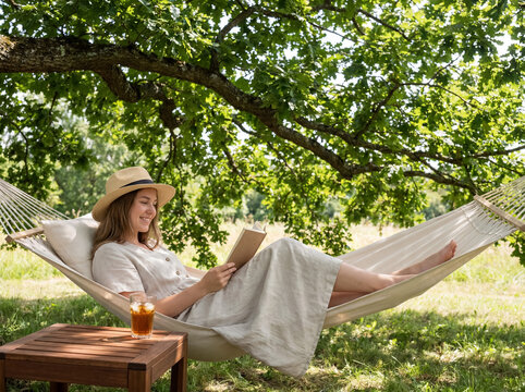 Woman relaxing in hammock, reading book outdoors under a tree, enjoying summer vacation and peaceful leisure time