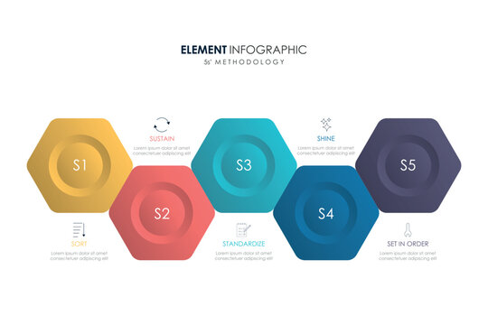 5S methodology Sort Set In Order Shine Standardize Sustain infographic for management improvement .