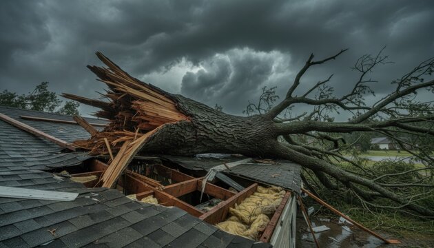 Large oak tree lies broken across roof of residential home after severe storm wind caused structural damage to suburban property structure