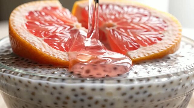 Close-Up Of Pink Grapefruit Halves On Chia Seed Pudding In A Clear Glass Bowl, Showcasing Fresh And Healthy Ingredients