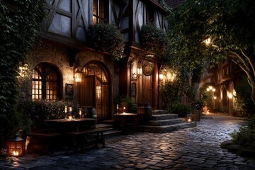 Fototapeta premium traditional European tavern exterior on a charming cobblestone lane, timber framed architecture with flower boxes, glowing lanterns and outdoor seating, romantic old town atmosphere.