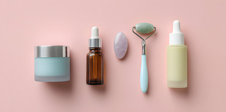 Minimal skincare set with jar, bottle and jade roller on pastel background. Beauty and self care concept with cosmetic products and spa tools.