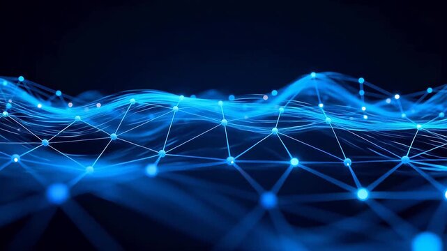 Digital network with blue glowing wavy lines and nodes connected over a dark background
