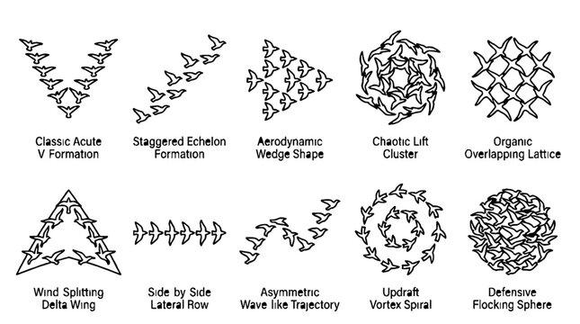 Diagram showing various bird flight formation patterns and flocking behaviors in black and white.