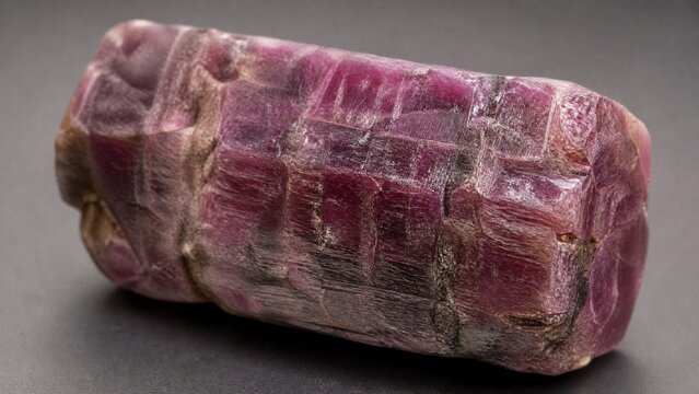 A rough, barrel-shaped corundum crystal specimen with natural striations.
