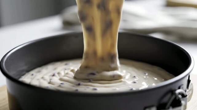 Close-Up Pouring Earl Grey Infused Batter with Lavender Bits into Baking Pan in Culinary Kitchen Setting