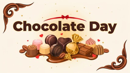 Fototapeta premium Chocolate day greeting card design with various delicious chocolate candies and sweets on a creamy background