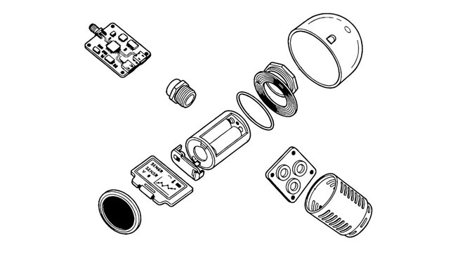 Technical exploded view diagram of electronic device components in isometric line art style.