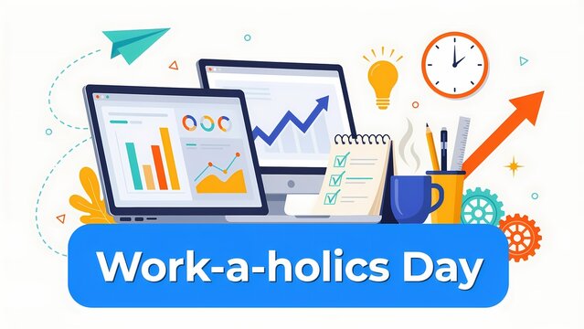 Workaholics day concept illustration with computer screens, charts, checklist, and office supplies