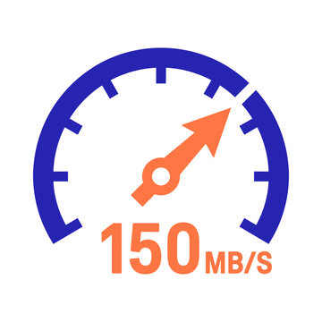 Flat illustration of speedometer icon showing 150 mbs transfer rate, flat vector illustration of data speed measurement, high performance network or disk drive indicator