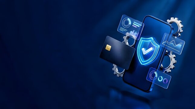 3D mobile banking security banner with smartphone shield check mark credit card and gears on dark blue background