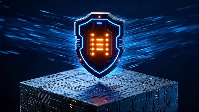 Futuristic shield device with blue contour and orange glowing strips on dark platform