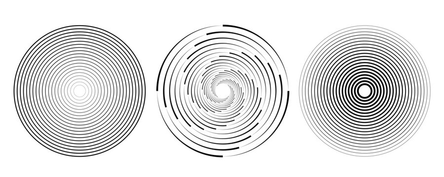 Black concentric circle set. Sonar or sound wave ring collection. Dotted and linear epicentre, target, radar icon concept. Ripple radial signal or vibration elements.