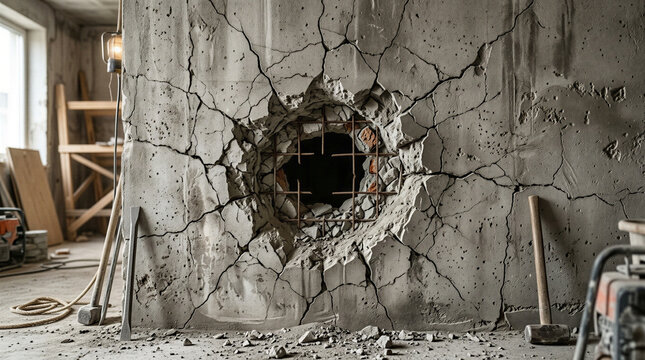 Large circular hole smashed through a thick grey concrete wall showing exposed rusty metal rebar reinforcement with heavy demolition tools resting on the dusty floor in a bright construction site