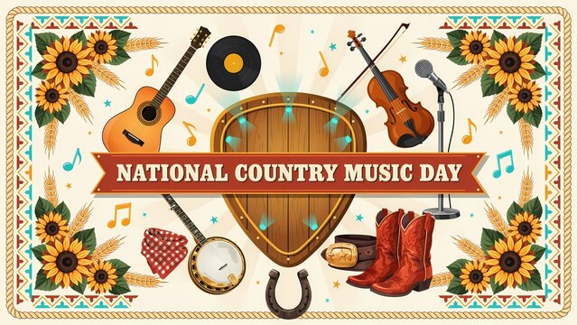 National country music day celebration poster with musical instruments and western accessories