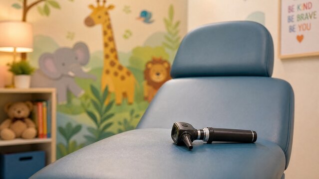 An otoscope on a pediatric chair with a soft colorful mural in the background.