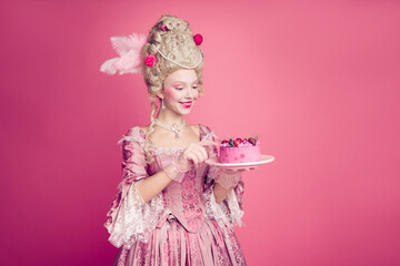 Fototapeta premium Photo of gorgeous pretty lady dressed pompous rococo costume enjoying tasty cake empty space isolated pink color background