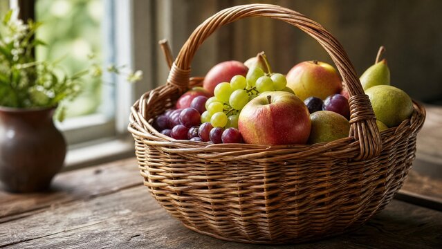 A tightly woven osier basket filled with fresh fruits, natural texture of willow.
