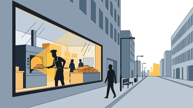 Artisanal bakery storefront in city street, professional baker silhouette working at stone oven, urban bakery shop window with warm light