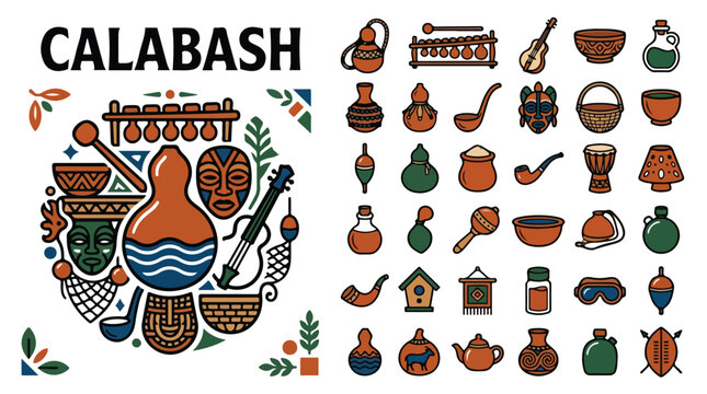 African calabash gourd icons set, traditional tribal artifacts and musical instruments vector, ethnic cultural symbols and dried fruit containers