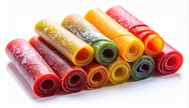 Vibrant fruit leather rolls dusted with superfine sugar, showcasing delicious sweet treats