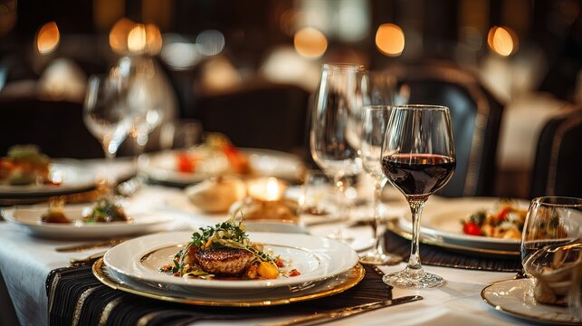 Gourmet grilled steak served on a white ceramic plate with a glass of red wine in a luxury restaurant setting