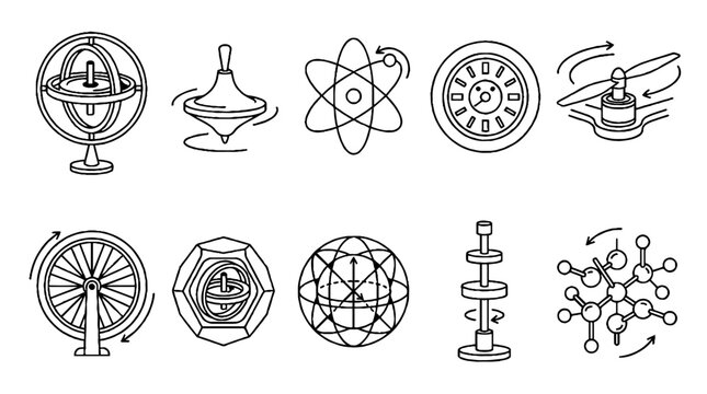 Collection of scientific physics and rotation icons in black and white line art style.