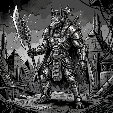 a warrior in a fantasy armor standing on a ruined temple ruin temple with a spear