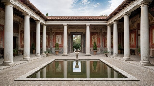 The atrium of an ancient Roman villa, a square impluvium reflecting colonnade and sky.