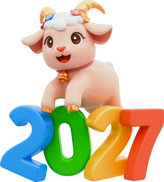 Chinese new year 2027. Year of the goat sign with jumping cheerful cute cartoon Goat and multicolored 2027 number. 3d render transparent png isolated illustration