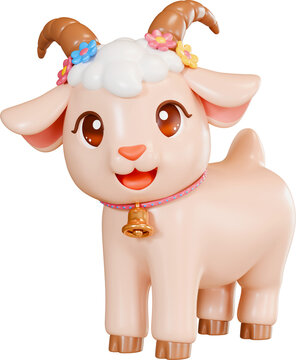 Cute cartoon goat. Symbol of the 2027 Year of the goat. 3d render isolated transparent png illustration